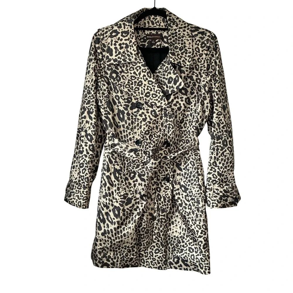 Dana Buchman Leopard‎ Print Double Breasted Belted Trench Coat Tan Black Large